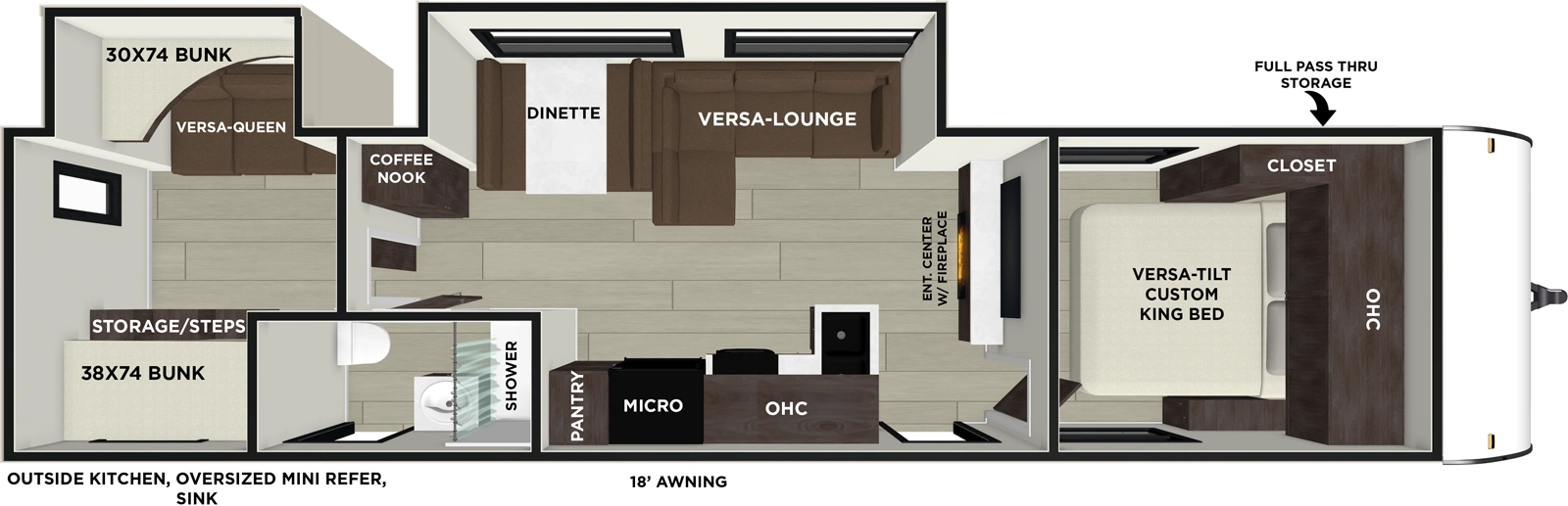 The Wildwood 32BHDS has two entries and two slide outs. Exterior features include: metal or fiberglass exterior, 18' awning and outside kitchen. Interiors features include: bunk beds and front bedroom.